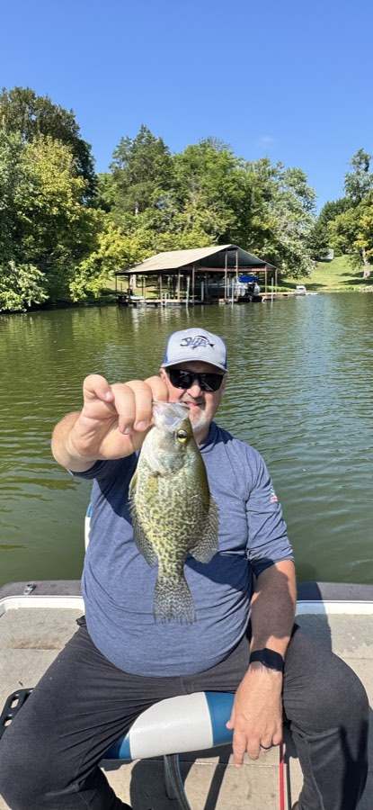 A crappie off a dock on a bright August afternoon.